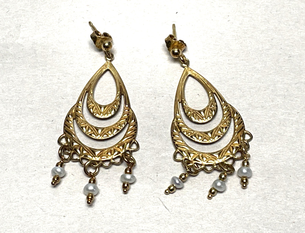 Vintage Italy 925 Sterling Silver Gold Plated Filigree Pearl Dangle Earrings